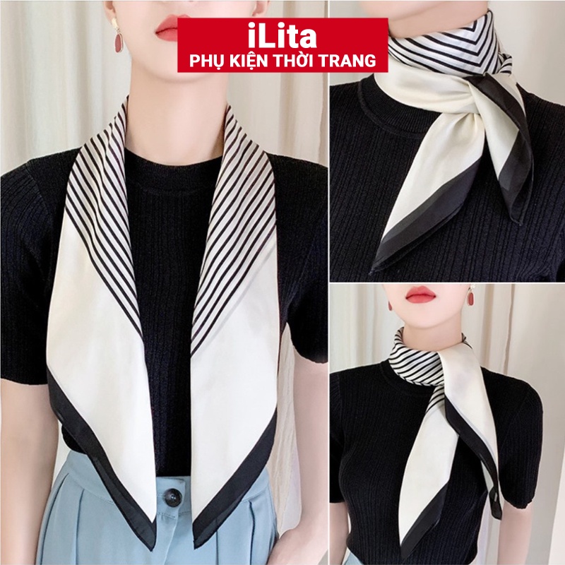 Khăn bandana lụa vuông quàng cổ nữ công sở văn phòng cao cấp 90 90x90cm iLita họa tiết sọc đen trắng
