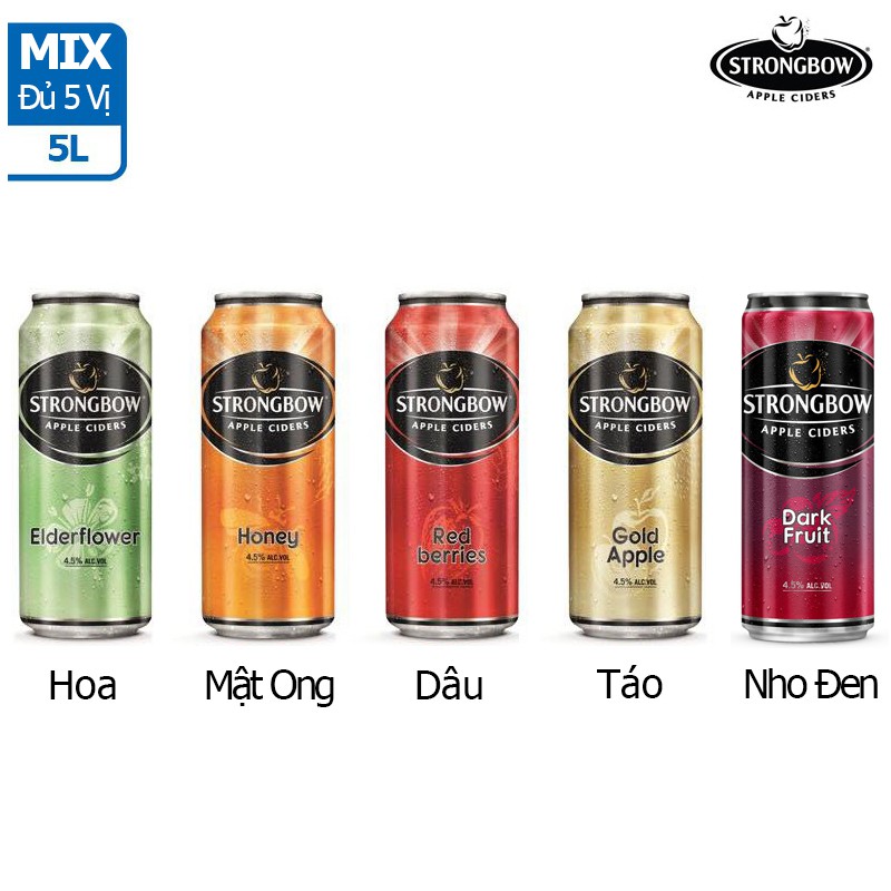 Combo 5 lon Strongbow MIX đủ 4 vị gồm Nho Đen / Dâu / Mật Ong / Táo