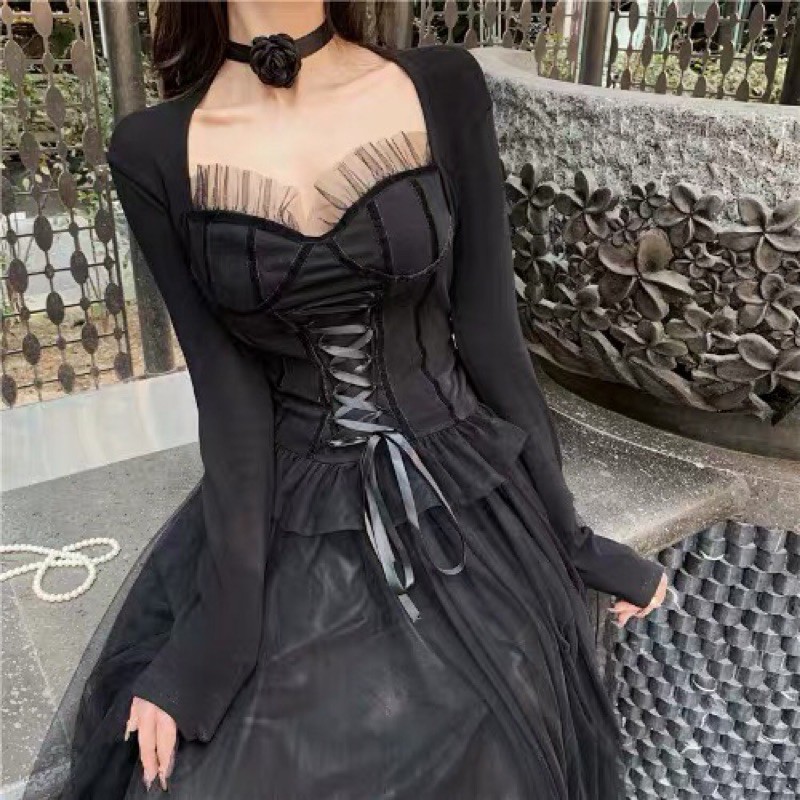 Set áo cúp ngực đan dây bụng+chân váy von xoè dài tiểu thư huyền bí