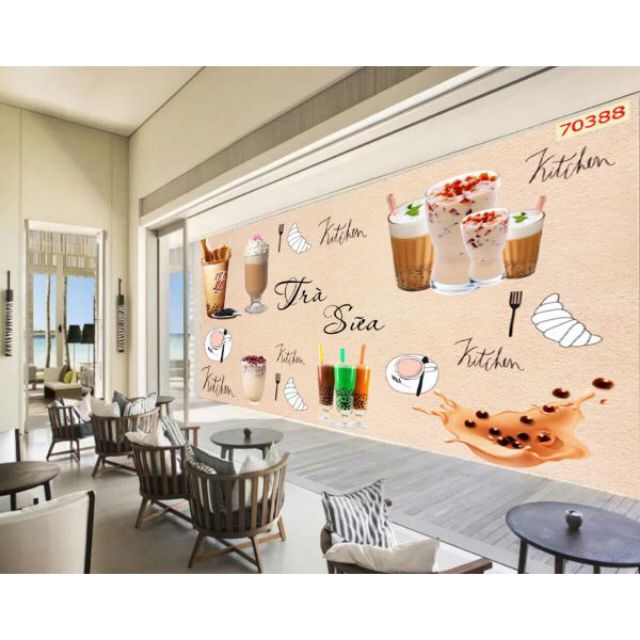 Tranh dán tường 3D quán trà sữa, cafe