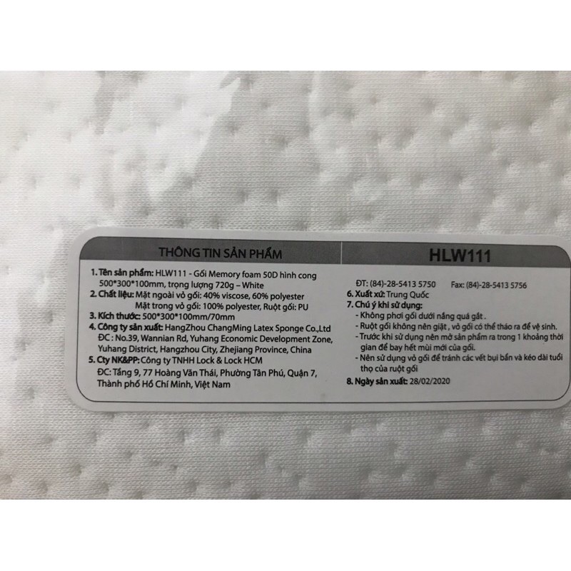 [LOCK&LOCK GỐI MEMORY FOAM 50D HÌNH CONG LOCK&LOCK - HLW111