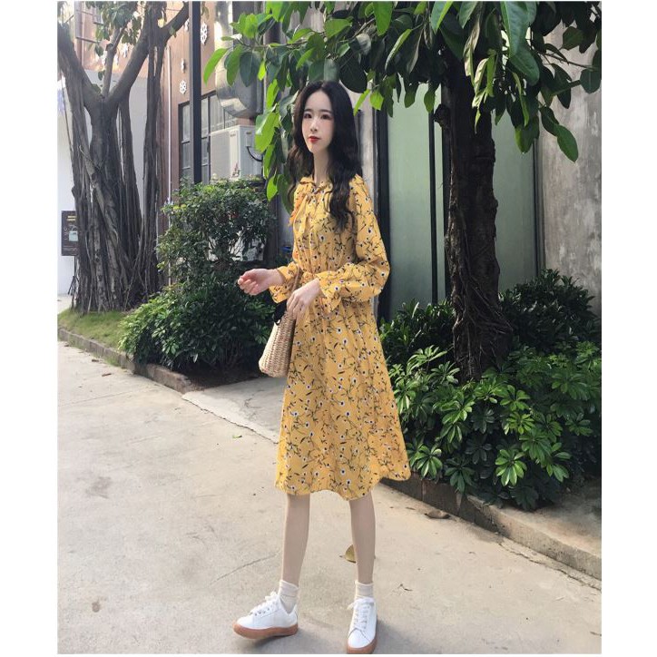 Váy dài thắt nơ cổ và tay Váy đầm hoa nhí cột nơ xinh xắn phong cách Hàn Quốc-VD006