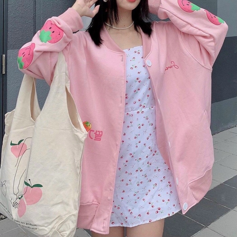 Áo Khoác Cardigan tay dài in hình trái Dâu Ulzzang màu hồng dâu