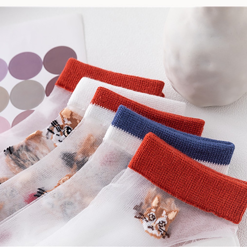 Vớ cotton cổ thuyền mỏng trong suốt in hình mèo hoạt hình thoải mái thời trang cho nữ