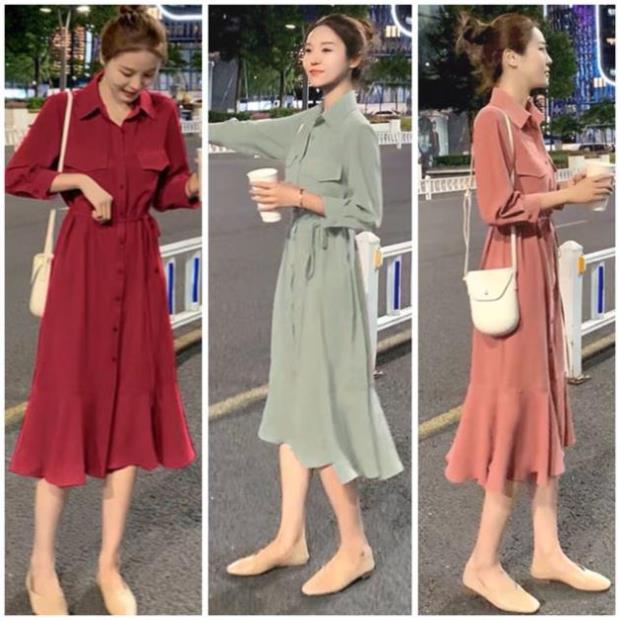 X2 Đầm váy đuôi cá túi hộp cổ áo sơ mi tay dài có dây thắt eo công sở đen xanh hồng