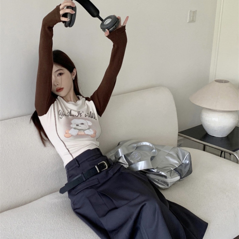 Áo Thun Tay Dài Dáng Ôm Hở Rốn In Họa Tiết Chú Cún Thời Trang Cho Tuổi Teen