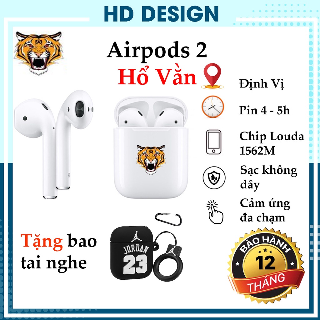 Tai Nghe Không Dây AlR.PODS2 Hổ Vằn, Tai Nghe Bluetooth Chip Louda 1562M - Định Vị - Đổi Tên - Sạc Không dây- Pin trâu