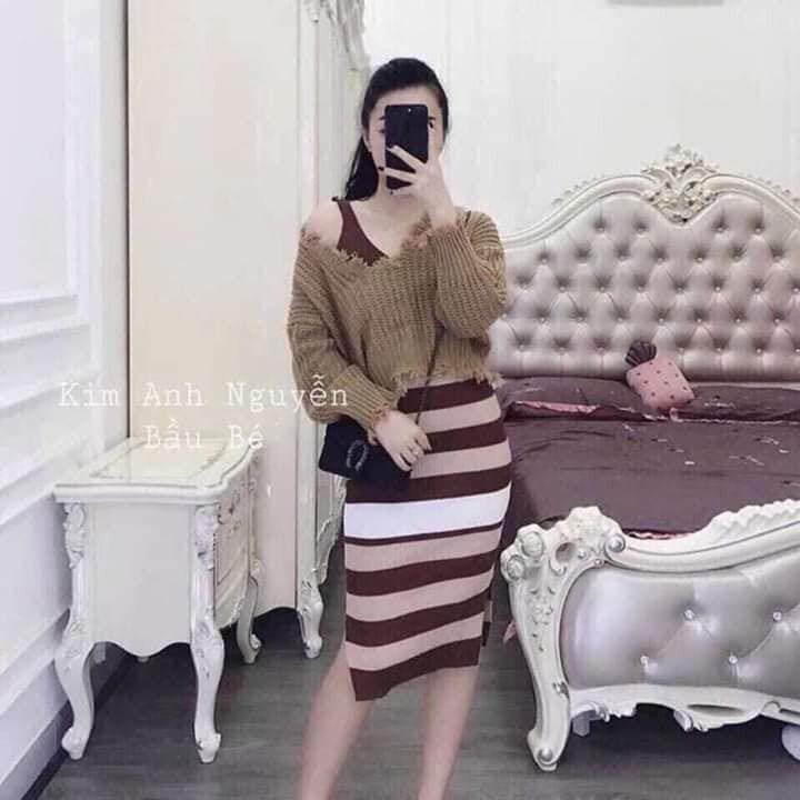 Sét váy nâu kẻ ngang