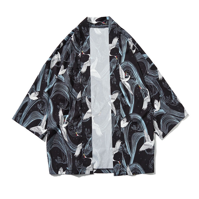 Áo Khoác Kimono Vải Lanh Mỏng In Hình Chim Hạc Phong Cách Nhật Bản Cổ Điển Cho Nam
