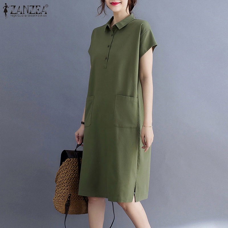Đầm midi ZANZEA tay ngắn cổ bẻ màu trơn có túi hai bên duyên dáng dành cho nữ