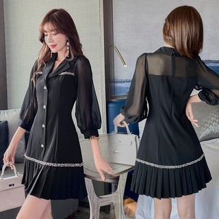 Đầm cổ vest tùng đuôi cái xếp ly - VBEO312