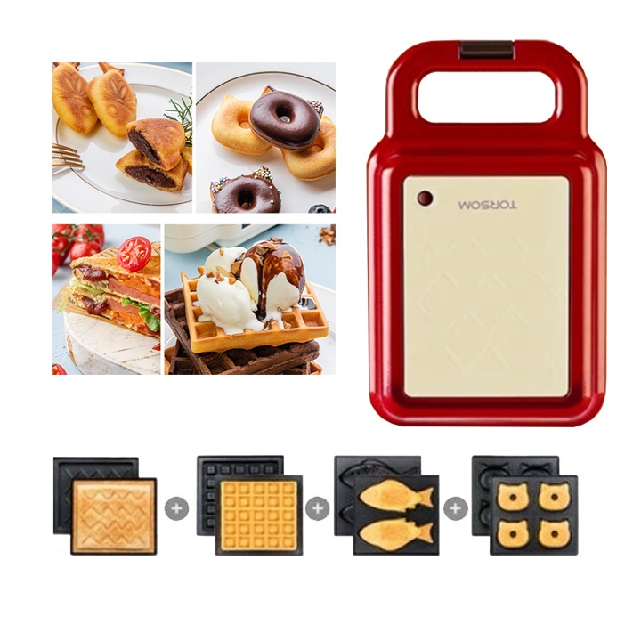 [Mã 155ELSALE giảm 7% đơn 300K] Máy nướng bánh Torsom 4 khuôn làm đồ ăn sáng nướng bánh mì sandwich, waffle, bánh cá