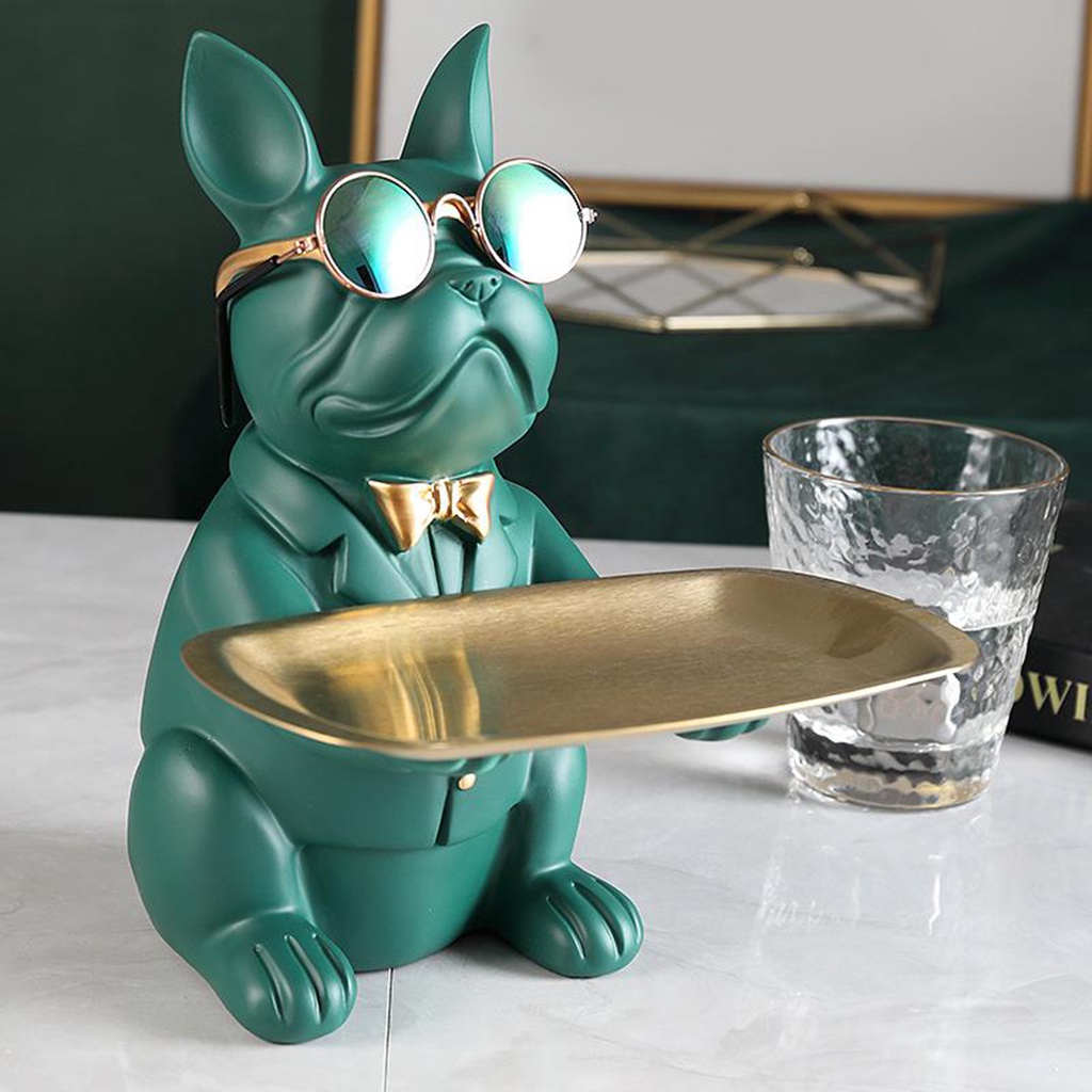 Khay đựng bức tượng hình chó bull bằng nhựa resin màu xanh lá dùng trang trí nhà cửa