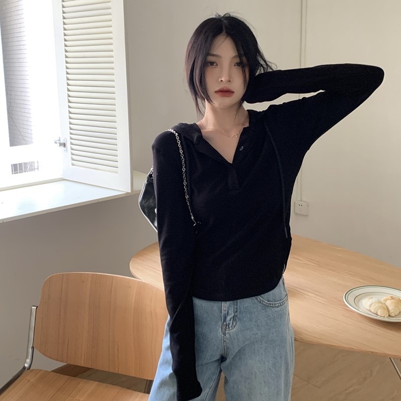 Áo hoodie ZHELIHANGFEI dài tay cổ chữ V eo cao thiết kế quyến rũ thời trang cho nữ