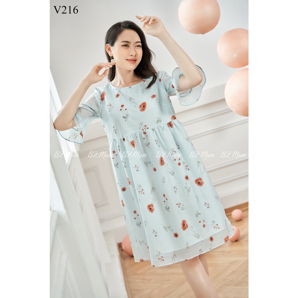 Váy bầu dáng baby doll 2 lớp tay bèo họa tiết siêu xinh B2 Mum V216