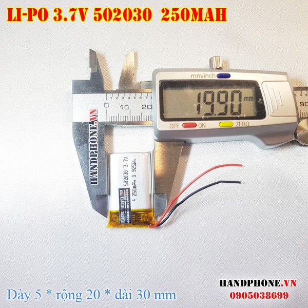 Pin Li-Po 3.7V 250mAh 502030 (Lithium Polymer) cho tai nghe Bluetooth, loa Bluetooth, định vị GPS, camera hành trình