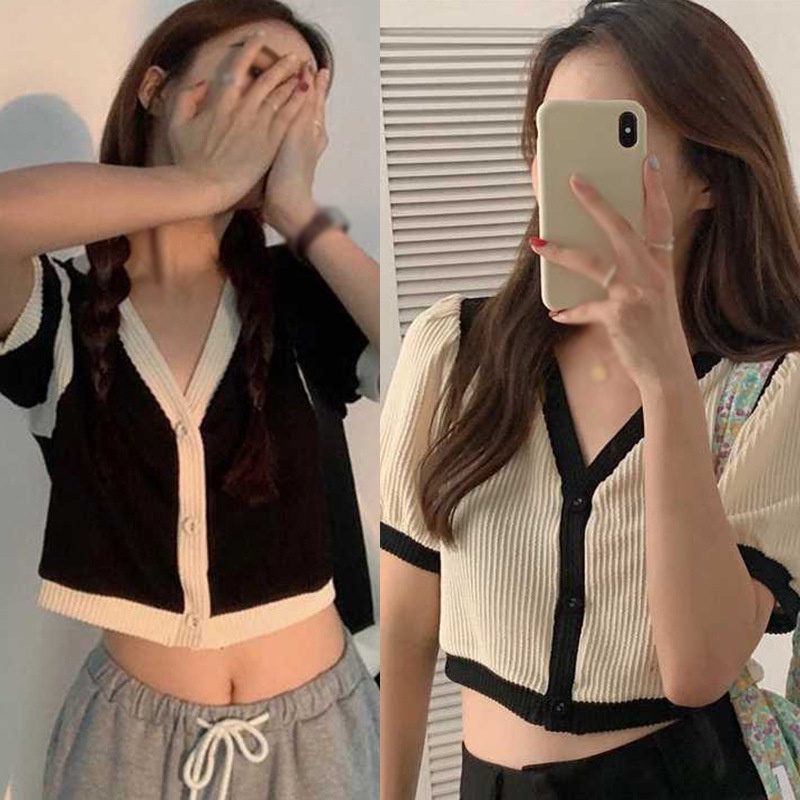 Áo Croptop Dệt Kim Tay Ngắn Cổ V Duyên Dáng Quyến Rũ Cho Nữ