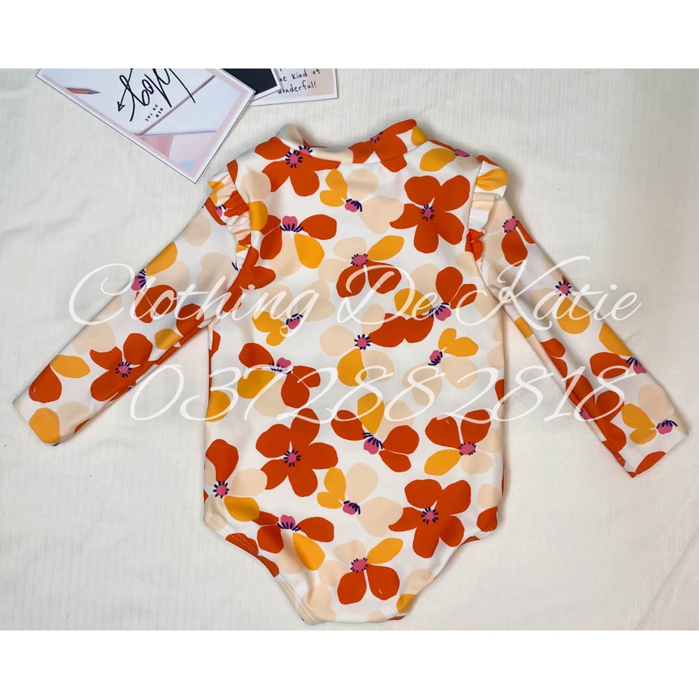 Đồ bơi bé gái 6M-5T đi biển CHỐNG NẮNG dài tay khéo khóa ngực hoa cam bèo tay