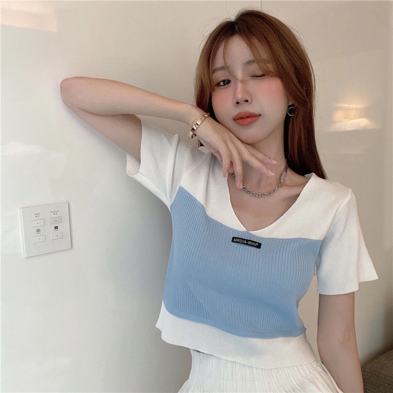 Áo Thun Tay Ngắn Cổ Chữ v Thiết Kế Giả Hai Lớp Chất Liệu Lụa Lạnh Thời Trang Cho Nữ Áo phông Nữ NZ-TX-29