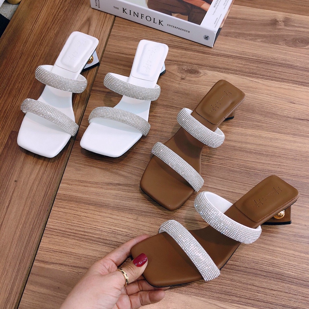 Dép cao gót guốc nữ 3p bản dây đôi xoàn đính đá góc tam giác đính ngọc siêu sang - Chị Chảnh Store