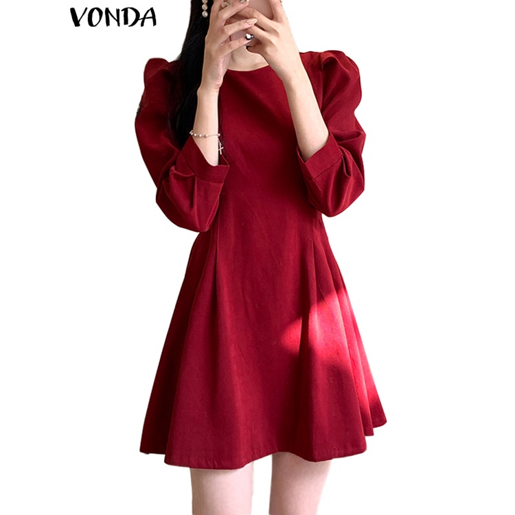 Đầm mini VONDA tay 3/4 cổ tròn màu trơn phong cách Hàn Quốc thời trang cho nữ