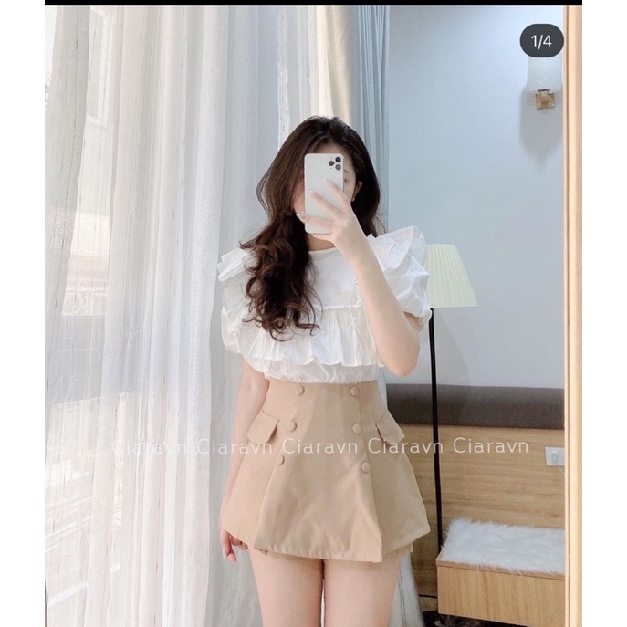 SET ÁO BBD BÈO TRẮNG + CHÂN VÁY NÚT KEM