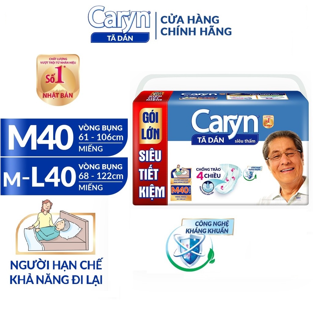 Bỉm người già CARYN dạng dán size size M40/ML40 miếng, Tã người lớn siêu thấm chống trào 4 chiều