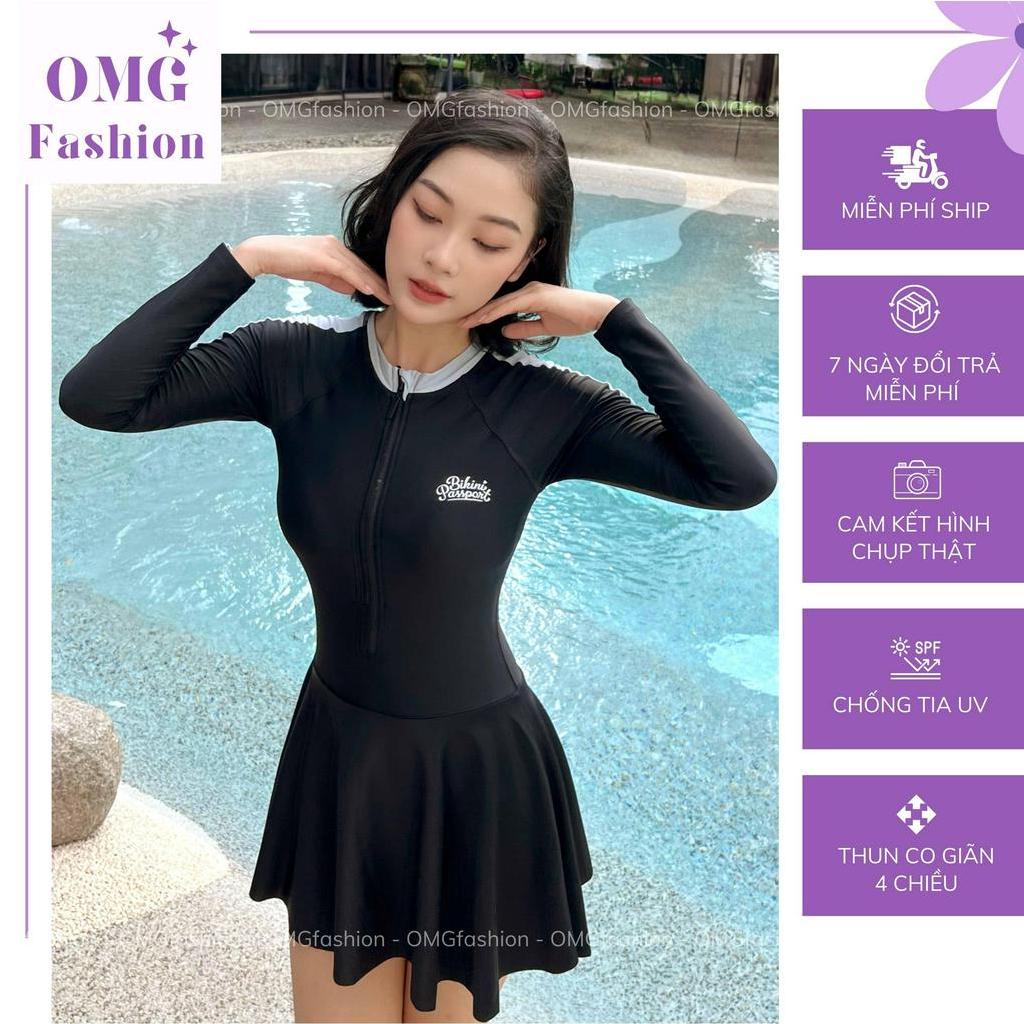 Đồ bơi nữ, bikini áo tắm dạng một mảnh tay dài váy kín đáo - Đen