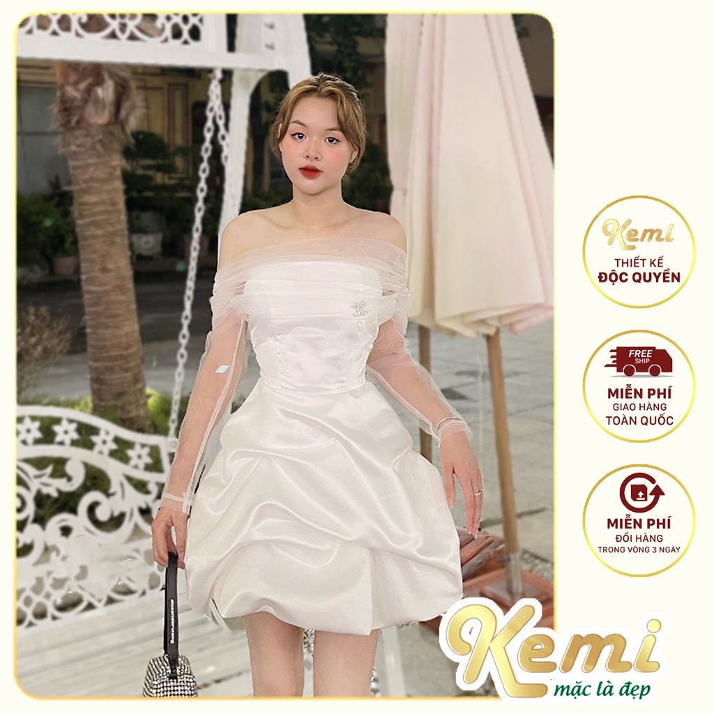 Váy cúp ngực tơ trễ vai ống tay tơ cách điệu bồng bềnh chất Tafta cao cấp Kemi dáng tiểu thư đầm dự tiệc dạo phố