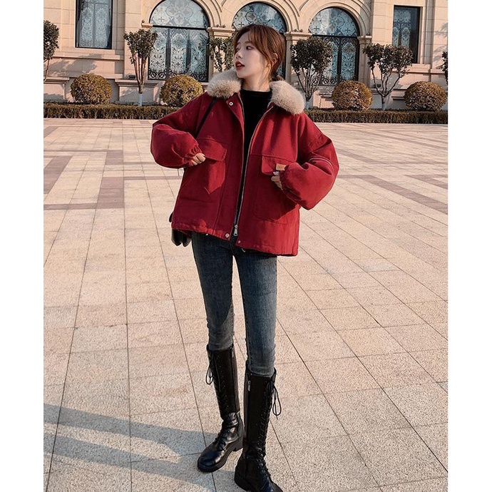 Áo Khoác Kaki Đỏ Lót Lông Mác Da 🦋 Áo Cổ Lông Đại Hàn Dáng Rộng Khóa Kéo 🦋