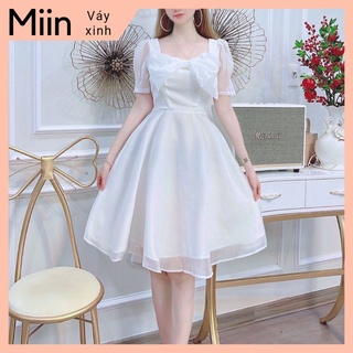 Váy trắng cổ vuông nơ