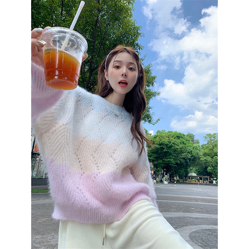 QKOOLE  Áo sweater Dệt Kim Tay Dài Cổ Tròn Dáng Rộng Phong Cách Hàn Quốc Thời Trang Cho Nữ