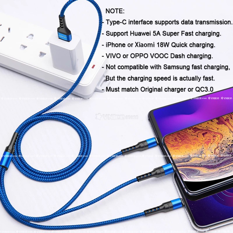 Dây cáp sạc nhanh 5A 3 trong 1 nhiều cổng sạc cho iPhone lightning Micro USB OPPO Type-C HUAWEI đa năng