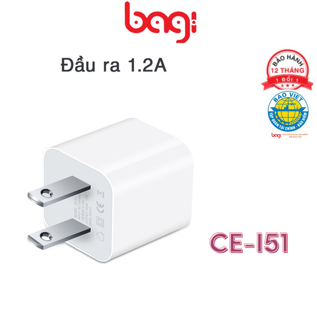 Củ sạc nhanh Bagi Apple 5V-1A, 5V-2A, PD Type-C 18W - Bảo hành chính hãng 1 ĐỔI 1 12 tháng