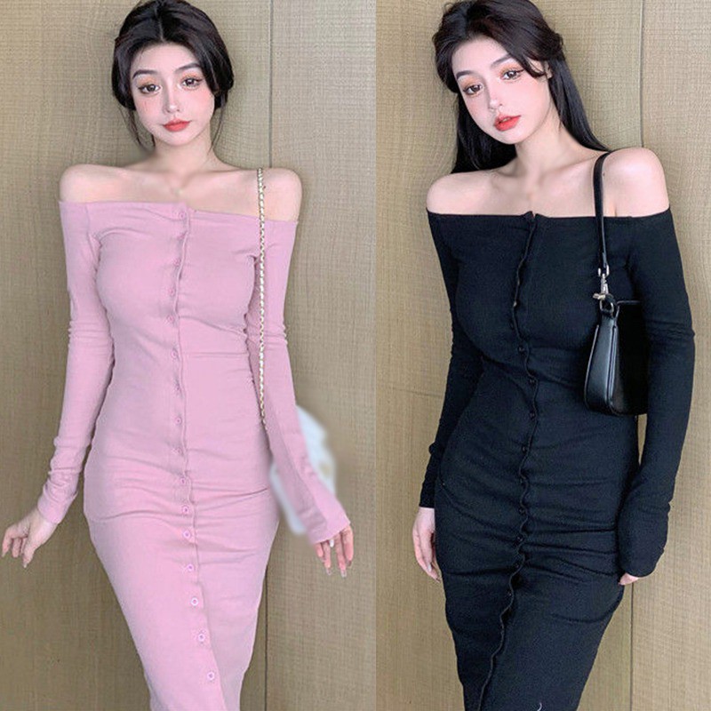 Đầm Tay Dài Màu Trơn Thiết Kế Lệch Vai Quyến Rũ