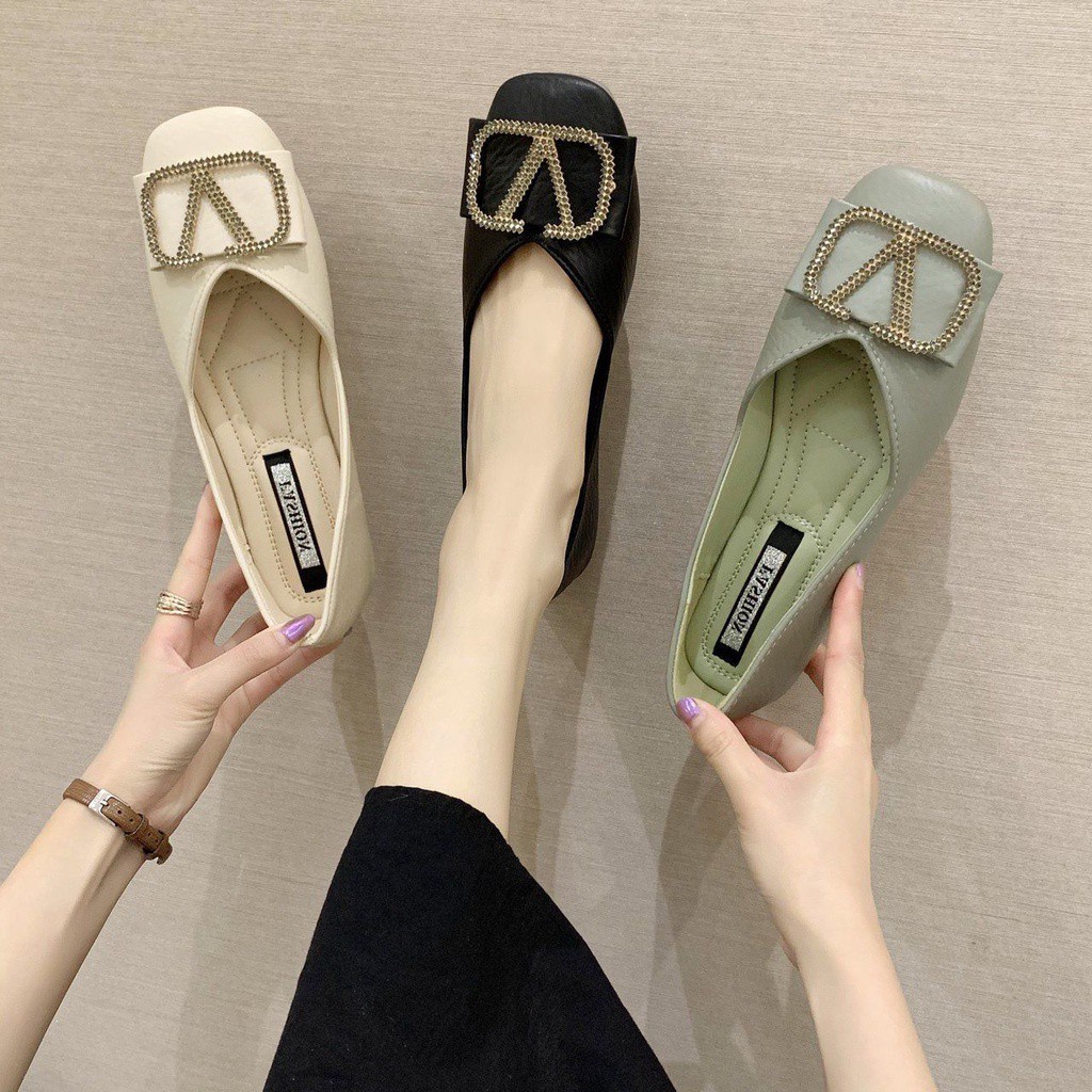 Giày búp bê bằng da mềm mũi vuông miệng nông thiết kế độc đáo phong cách sang trọng cho nữ