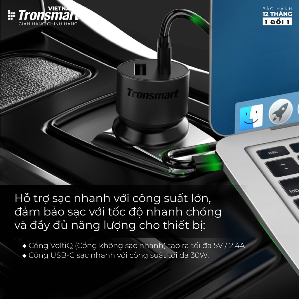 Tẩu sạc ô tô Tronsmart C2P 42W 2 cổng USB + USB TYPE C - Hàng chính hãng - Bảo hành 12 tháng 1 đổi 1