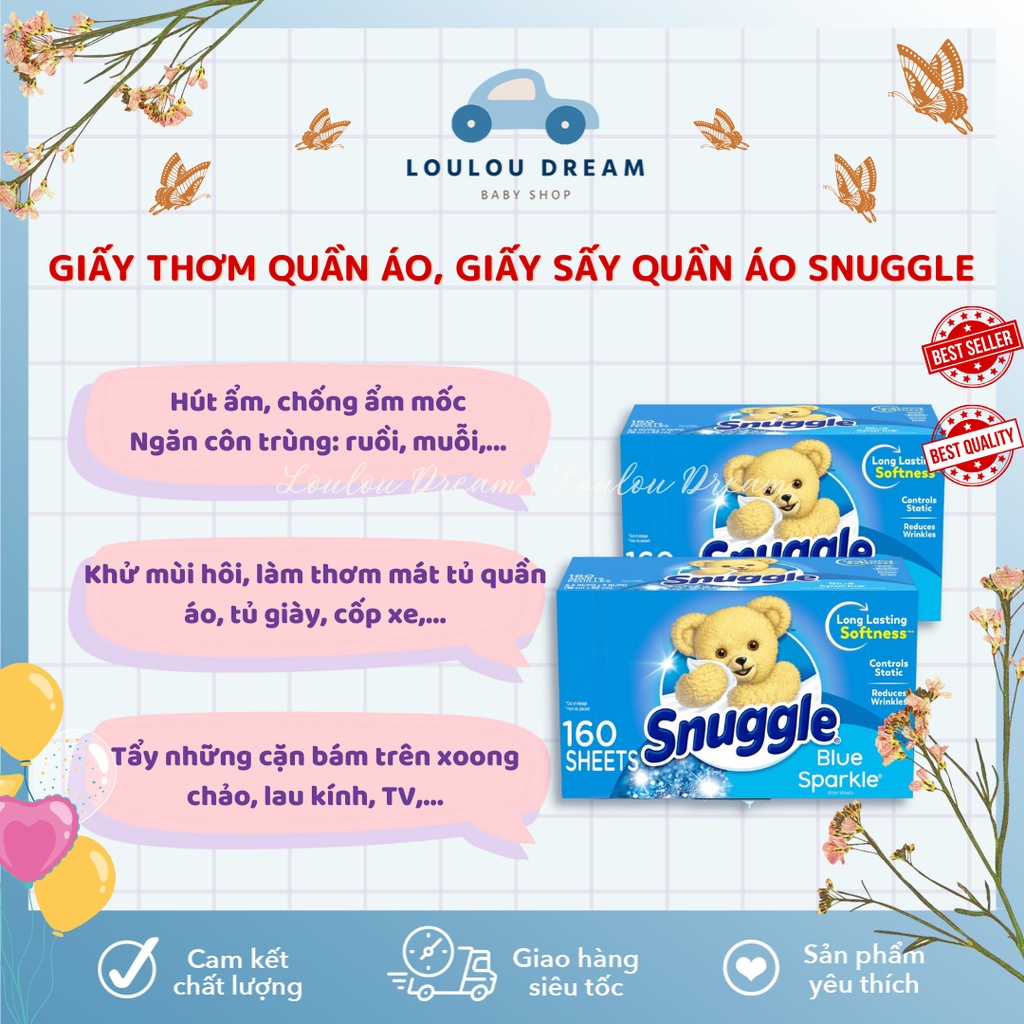 Giấy thơm quần áo Snuggle, giấy sấy quần áo an toàn dành cho bé từ sơ sinh (120 tờ) [MỸ - AIR]