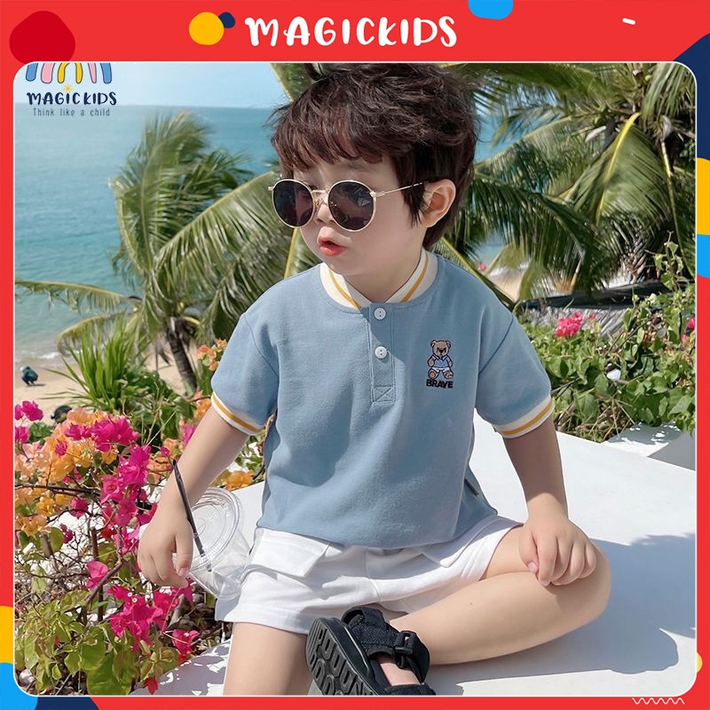 Áo thun polo ngắn tay cổ bomber Magickids thêu gấu cho bé trai chất thun cá sấu thoáng mát Quần áo trẻ em AO22028