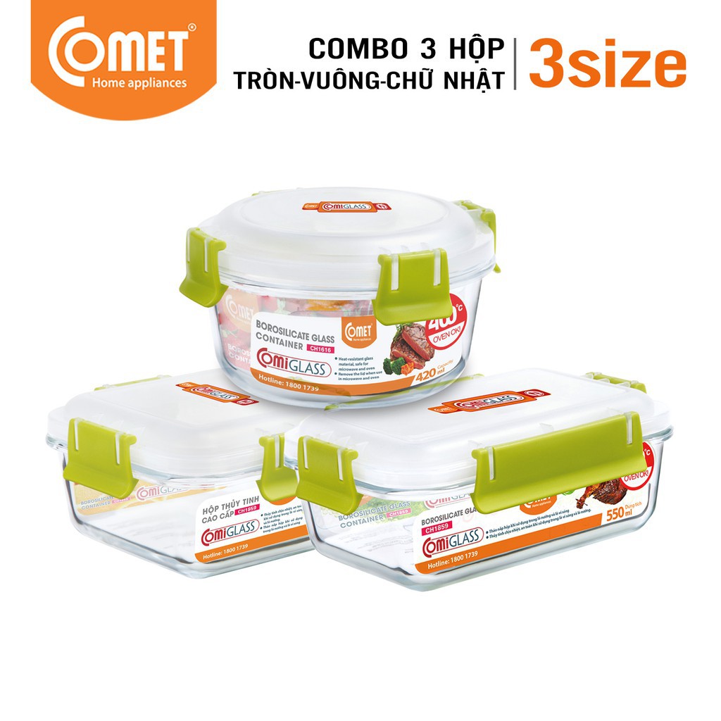 Combo 3 hộp thực phẩm thuỷ tinh COMET - 3CH1856&58&59 | BigBuy360 - bigbuy360.vn