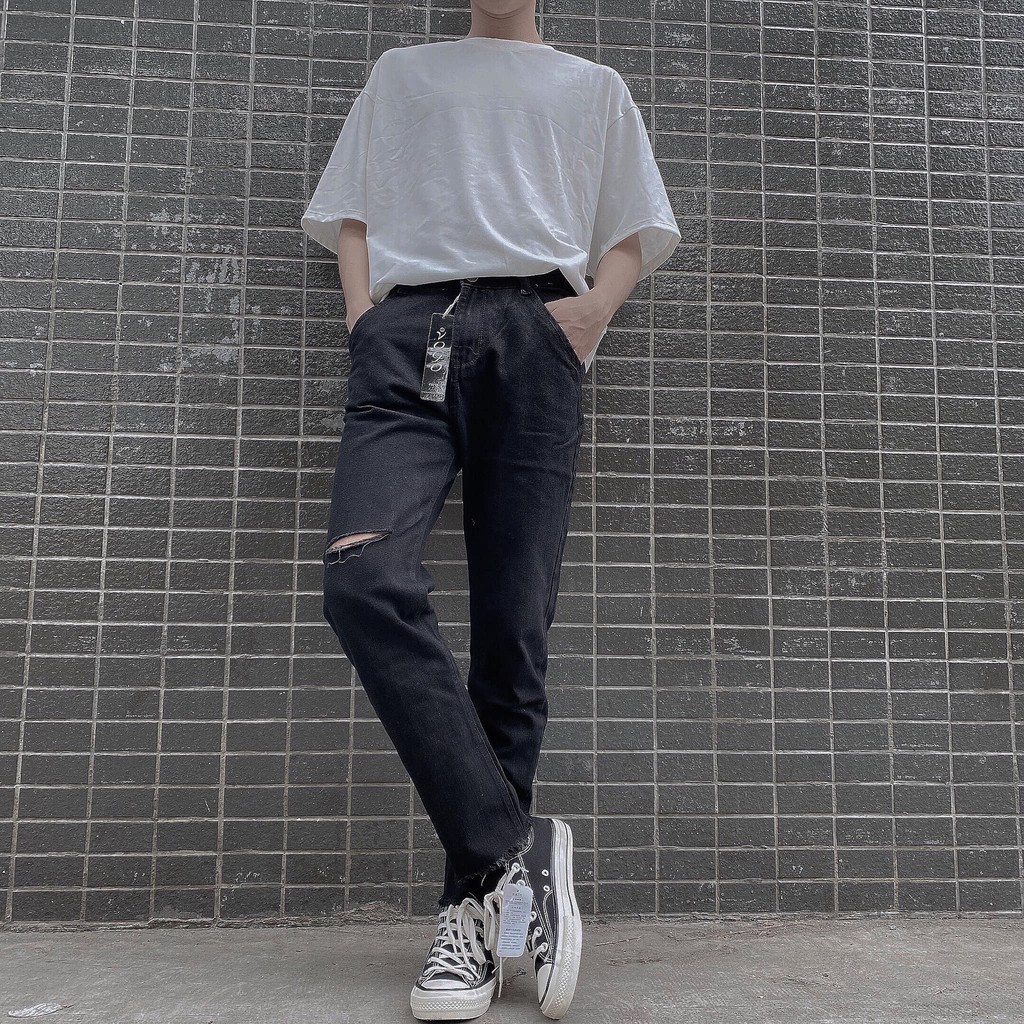 Quần Jean YAYSHOP dáng suông Rách gối nam đen unisex tôn dáng