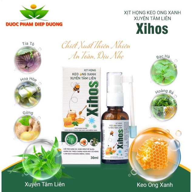 Xịt Họng kháng khuẩn Keo Ong Xanh Xuyên Tâm Liên Xihos (30ML) - Nguyên Liệu Nhập từ Hàn Quốc
