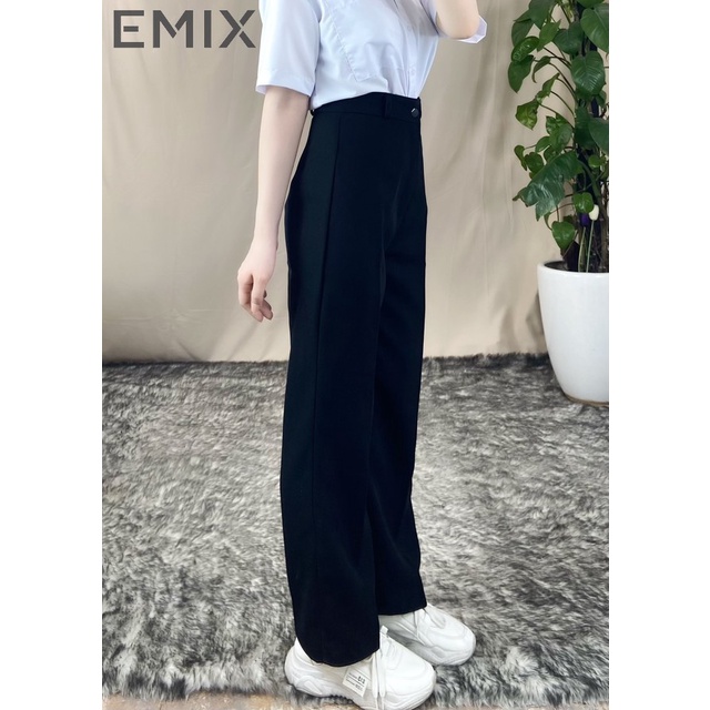 Quần tây nữ đi học ống suông EMIX (màu đen), khóa giữa, dáng dài 100cm, cạp cao, vải tuyết mưa dày dặn, mềm mại