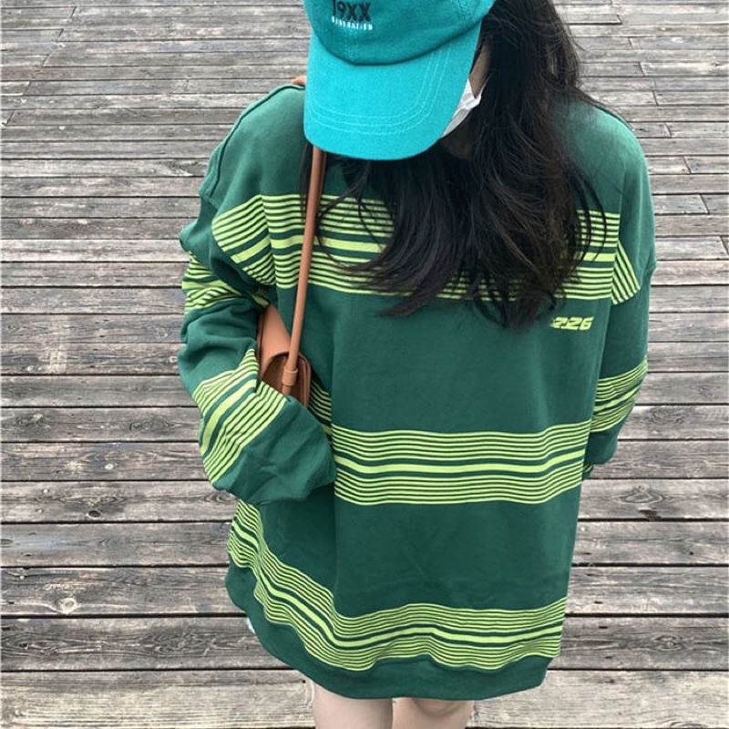 Áo Sweater Tay Dài Form Rộng Kẻ Sọc Phối Màu Độc Đáo Phong Cách S-2XL