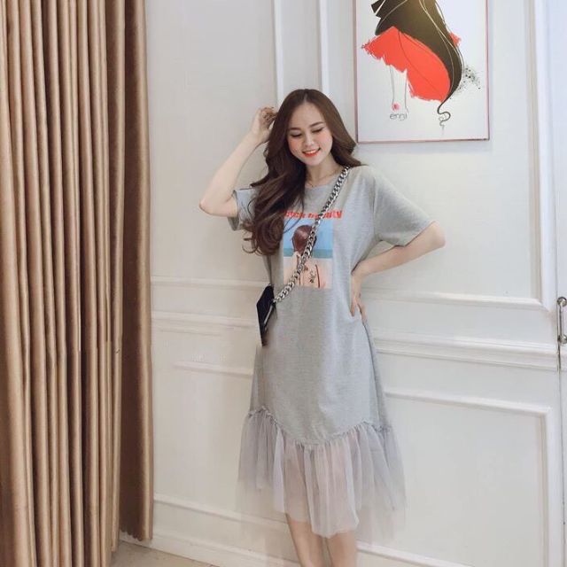 Đầm suông xám cô gái phối chân lưới