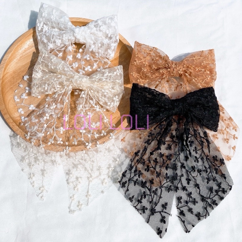 Kẹp tóc nơ ren đuôi dài phong cách cổ điển Loli. Kẹp có 3 nắc tăm giảm phù hợp với tóc ít, nhiều