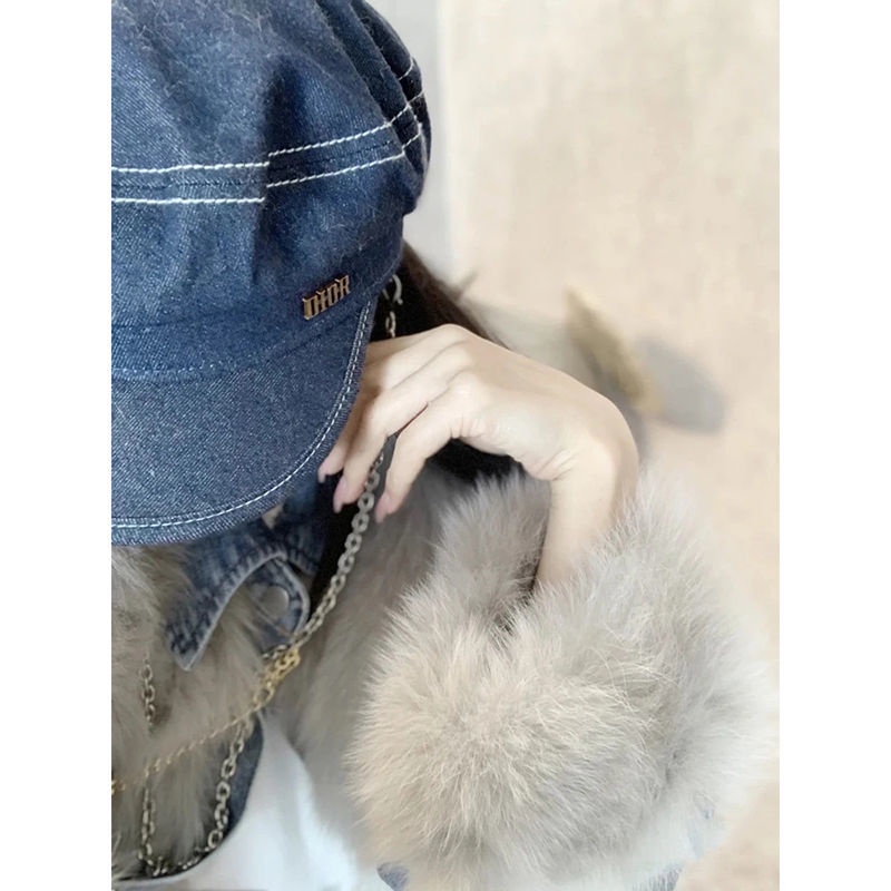 Tosikana Áo Khoác Denim Phối Lông Cáo Giả Dáng Rộng Thời Trang Thu Đông Cho Nữ Tren