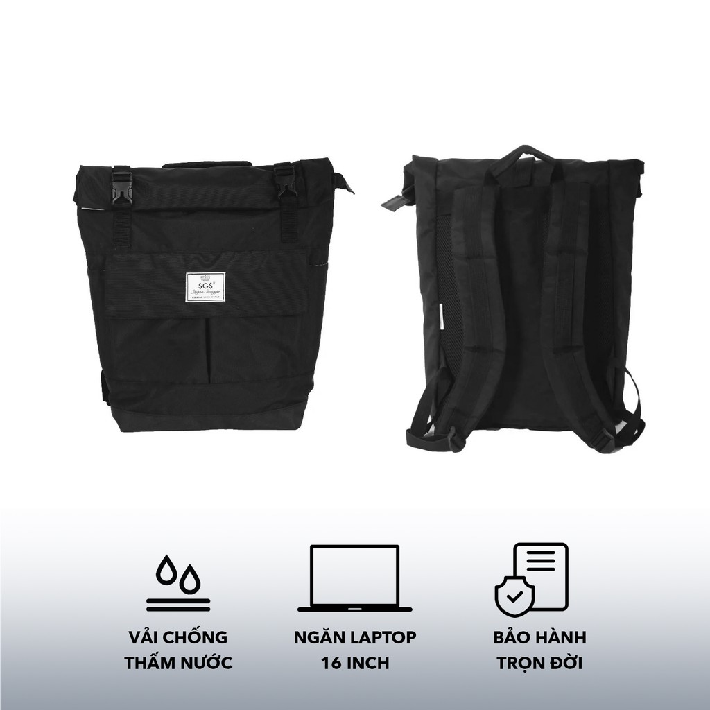 Balo Quấn 2 Khóa Đen SAIGON SWAGGER®SGS Rolltop 2.0 Backpack-Ngăn Chống Sốc Laptop