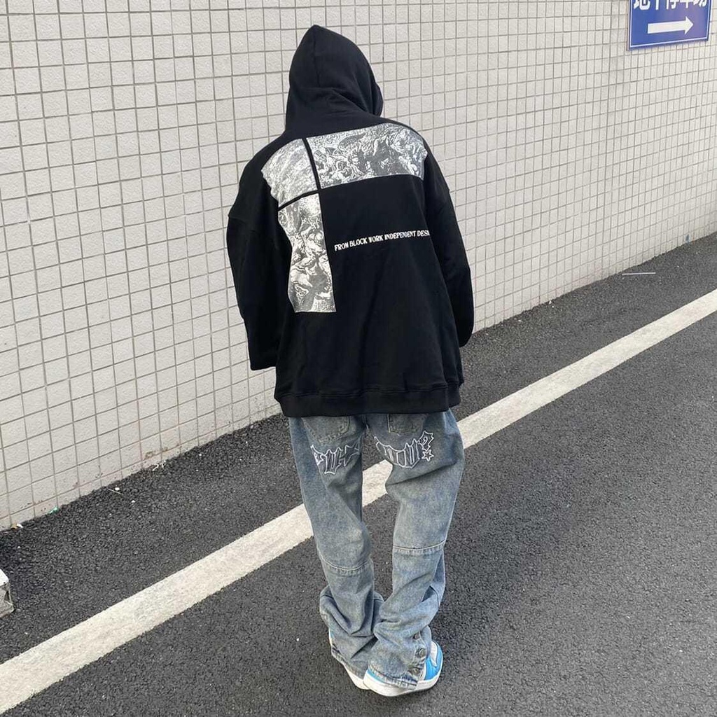 Quần Jeans ống rộng xẻ tà thêu họa tiết phong cách hip hop cho nam