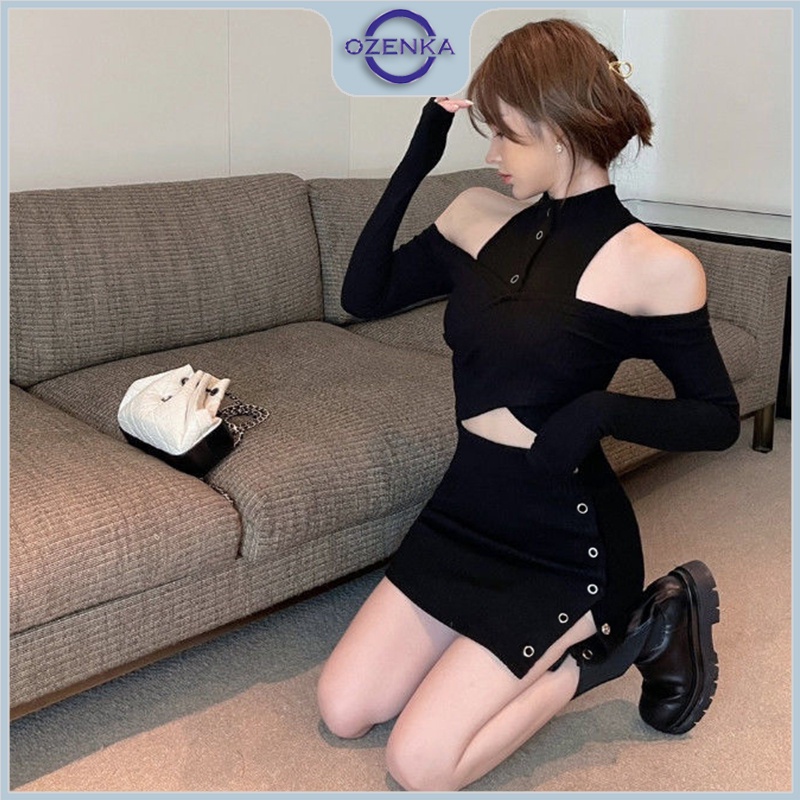 Set áo croptop tay dài trễ vai chân váy ngắn ôm body OZENKA , bộ áo crt kiểu cổ lọ sang chảnh gợi cảm màu đen trắng